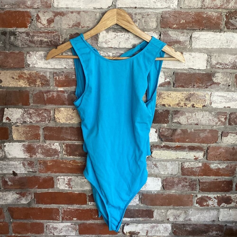 Blue One Piece Ribbed Open Tie Back Bathing Suite Size S